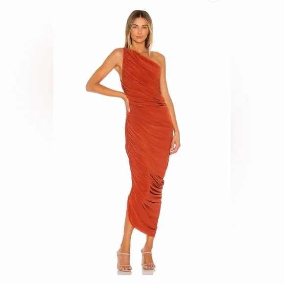 Norma Kamali Red/Orange Cinnamon Diana Gown Midi One Shoulder Dress size S/36 - Picture 3 of 9